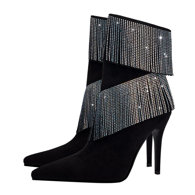 Waterfall Fringe Black Pointed Toe Stiletto Boots-4