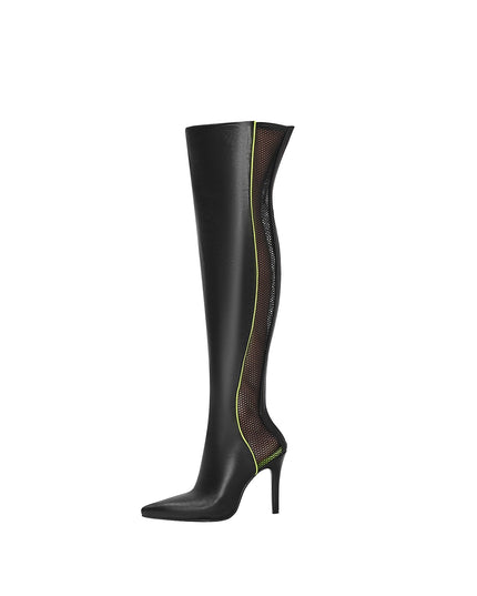 Wave Mesh Pointed Toe Leather Knee High Boots-5