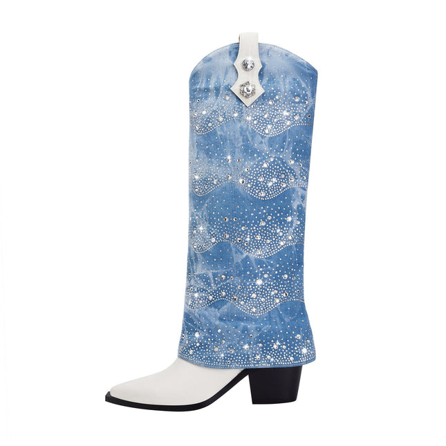 White and Denim Foldover Knee High Boots-0