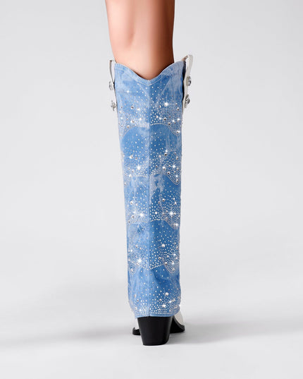 White and Denim Foldover Knee High Boots-1