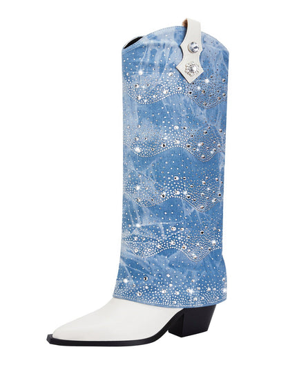 White and Denim Foldover Knee High Boots-2