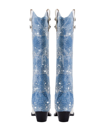 White and Denim Foldover Knee High Boots-4