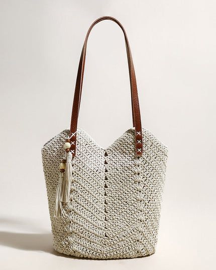 White Boho Chic Leather Strap Crochet Tote Bag-0