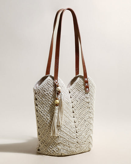 White Boho Chic Leather Strap Crochet Tote Bag-1