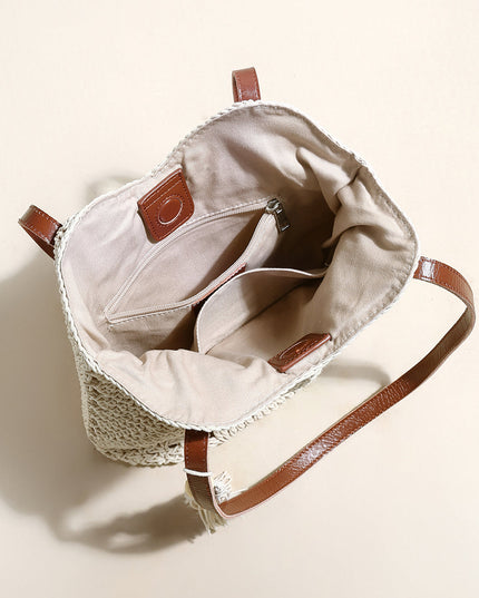 White Boho Chic Leather Strap Crochet Tote Bag-2