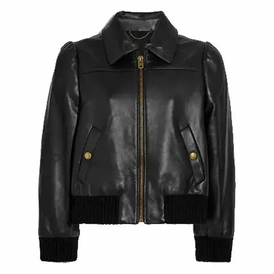 Women’s Black Short Leather Bomber Jacket-0