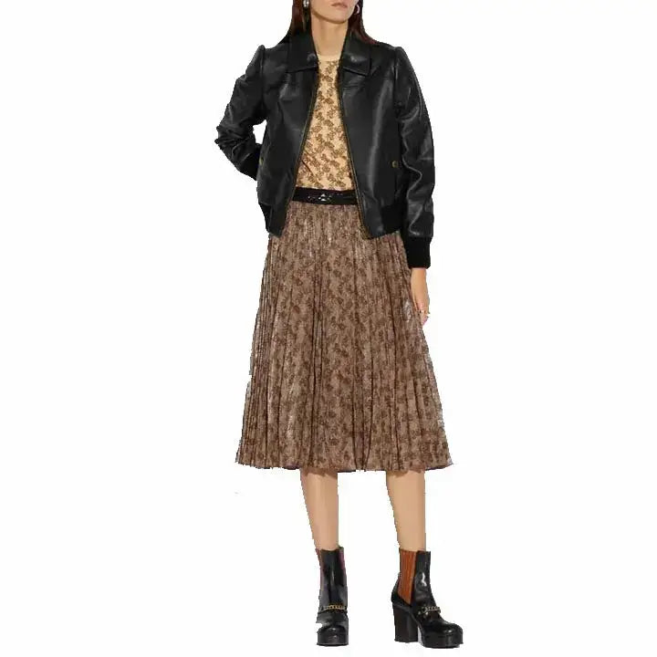 Women’s Black Short Leather Bomber Jacket-1