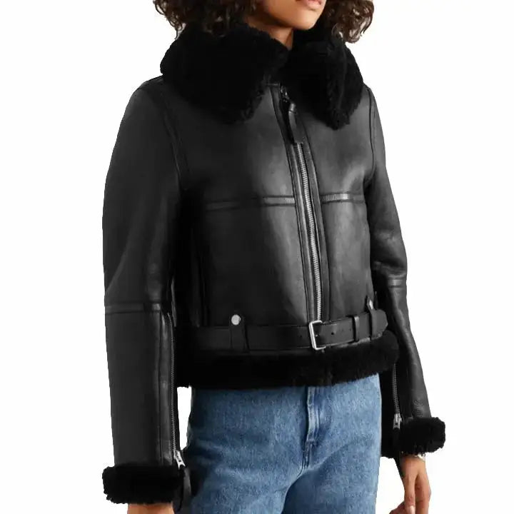 Women’s Black Sheepskin Shearling Leather Jacket-0