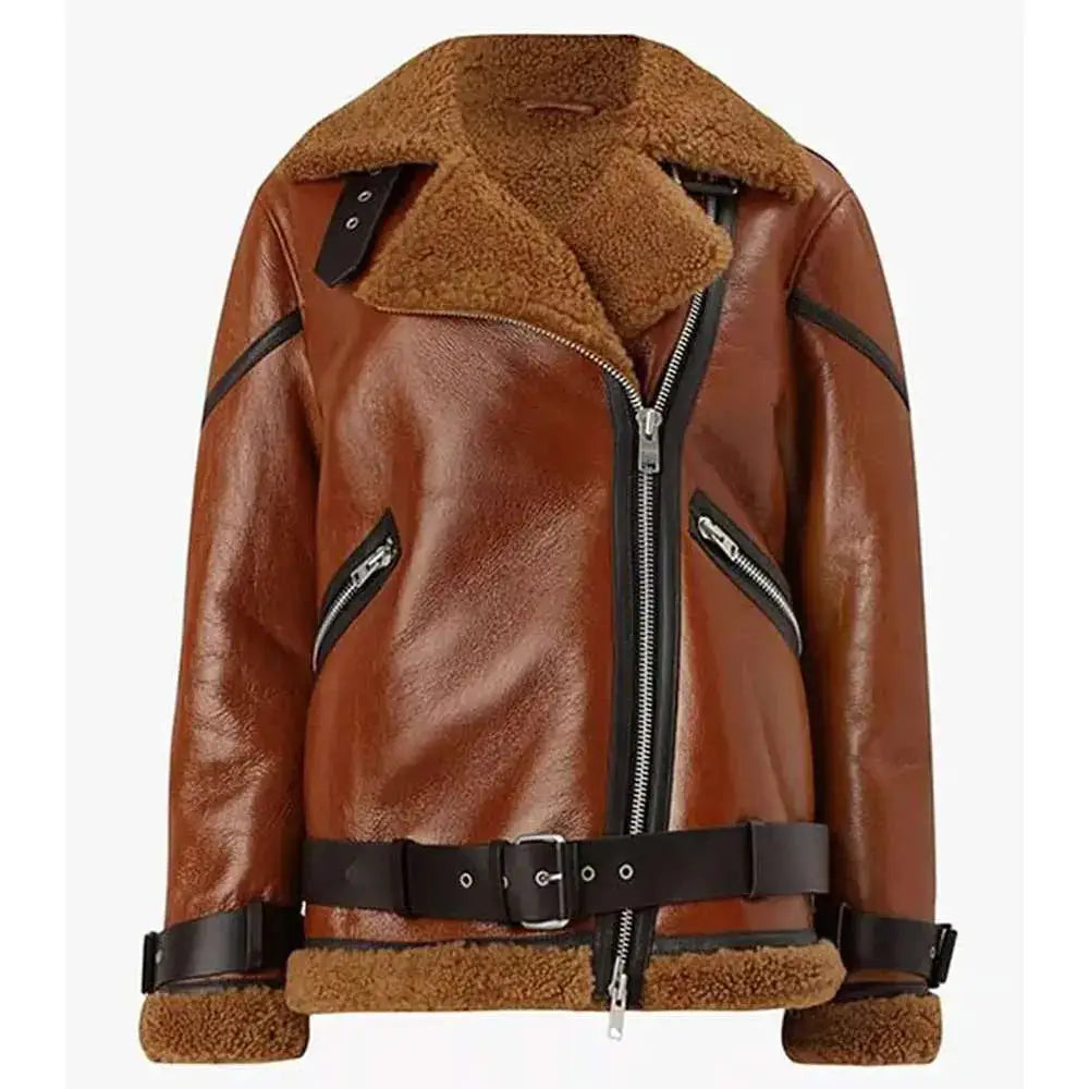 Women’s Brown B3 Shearling Biker Leather Jacket-0