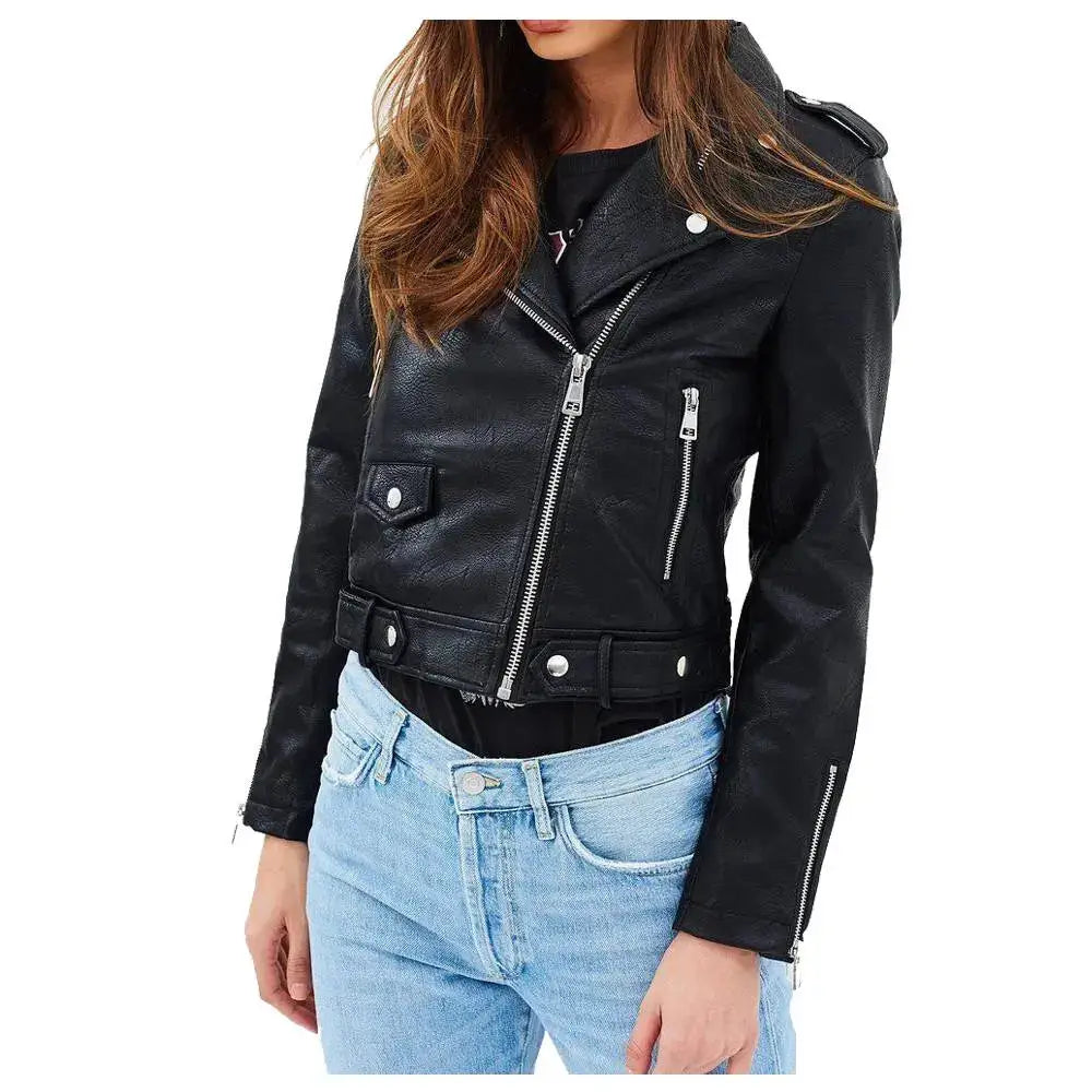 Women’s Classic Motorcycle Biker Leather Jacket-0