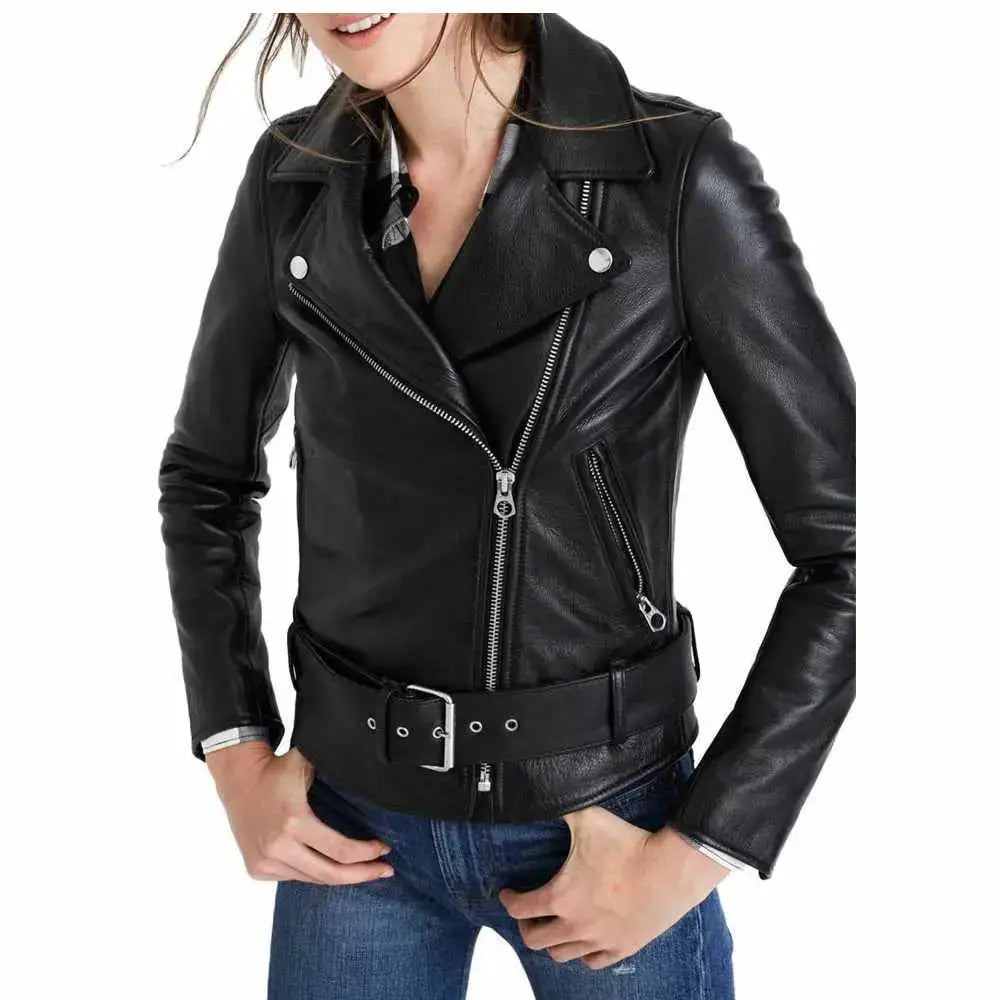 Women’s Fashion Motorcycle Slim Fit Black Real Leather Jacket-0