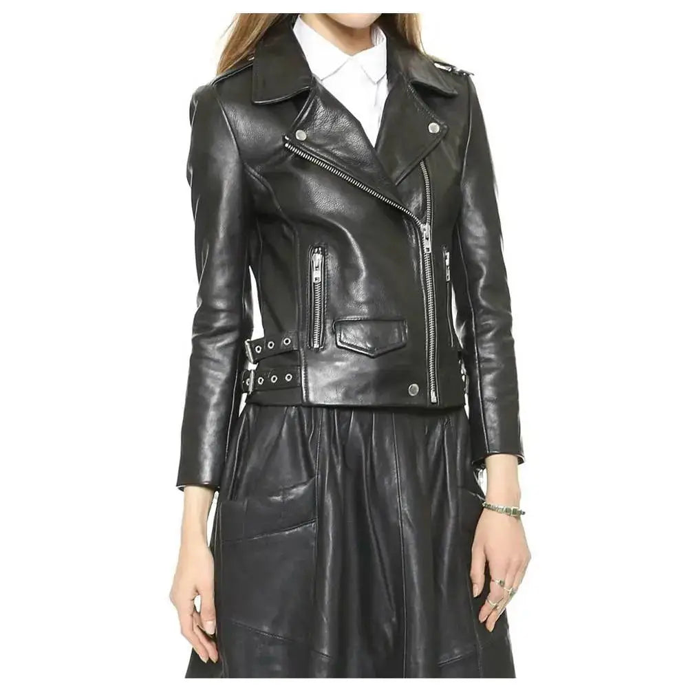 Women’s Genuine Lambskin Leather Biker Jacket with Zipper-0