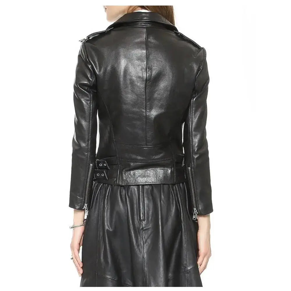 Women’s Genuine Lambskin Leather Biker Jacket with Zipper-1
