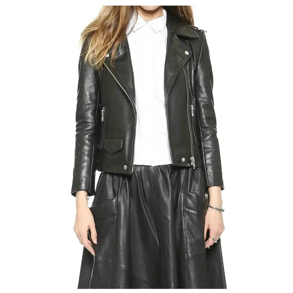 Women’s Genuine Lambskin Leather Biker Jacket with Zipper-2