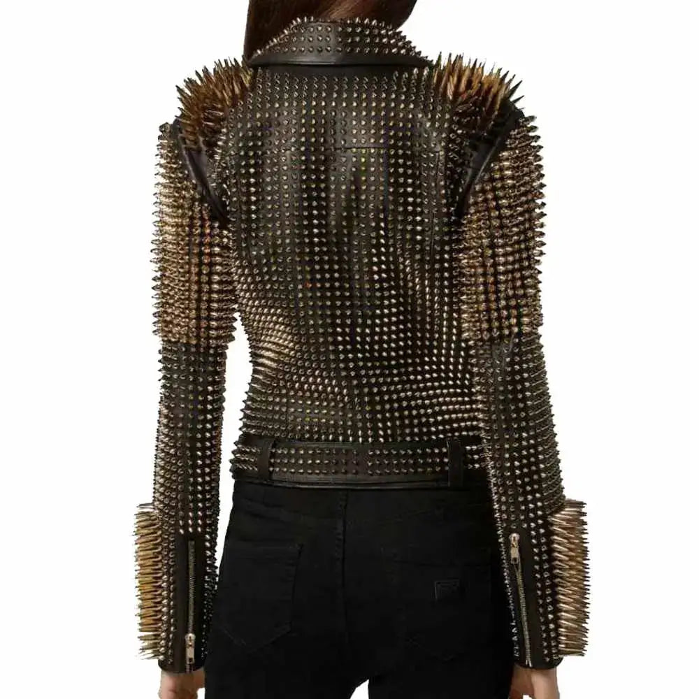 Women’s Golden Studded Spikes Leather Jacket-1
