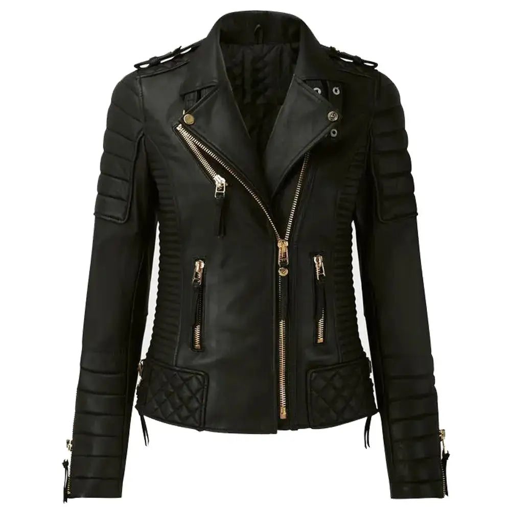 Women’s Classic Motorcycle Fashion Leather Jacket with Golden Zipper-0