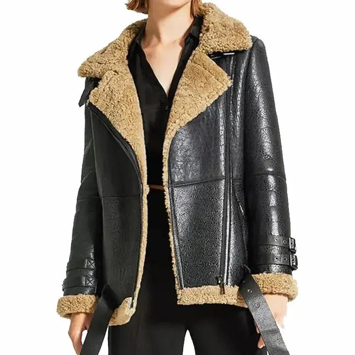 Women’s Oversized Black Sheepskin Shearling Leather Coat-3