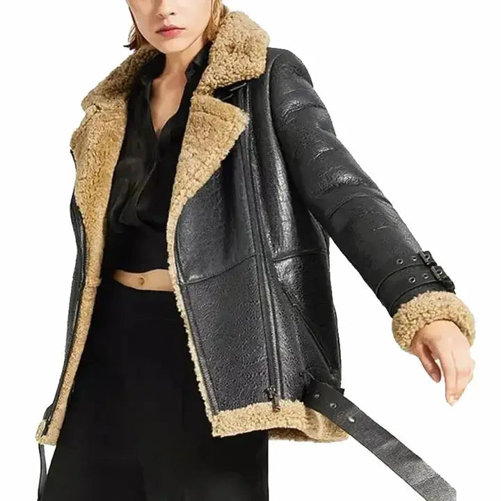 Women’s Oversized Black Sheepskin Shearling Leather Coat-2