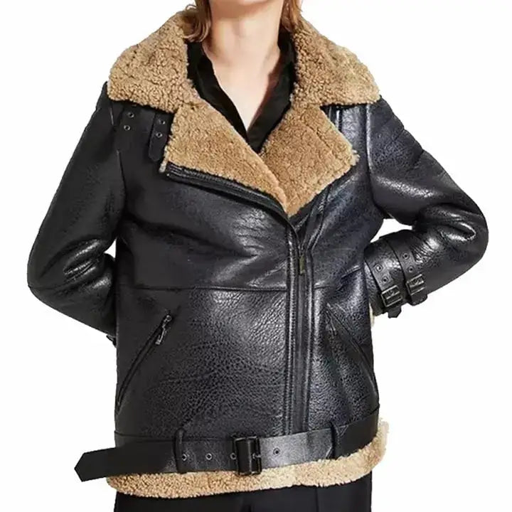 Women’s Oversized Black Sheepskin Shearling Leather Coat-0