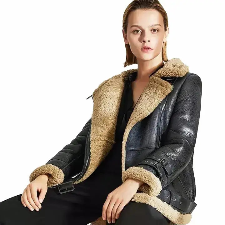 Women’s Oversized Black Sheepskin Shearling Leather Coat-4