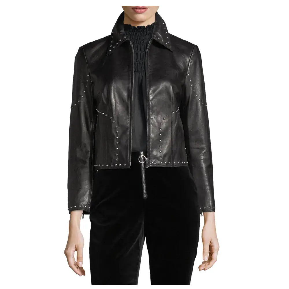 Women’s Army Studded Leather Biker Jacket-2