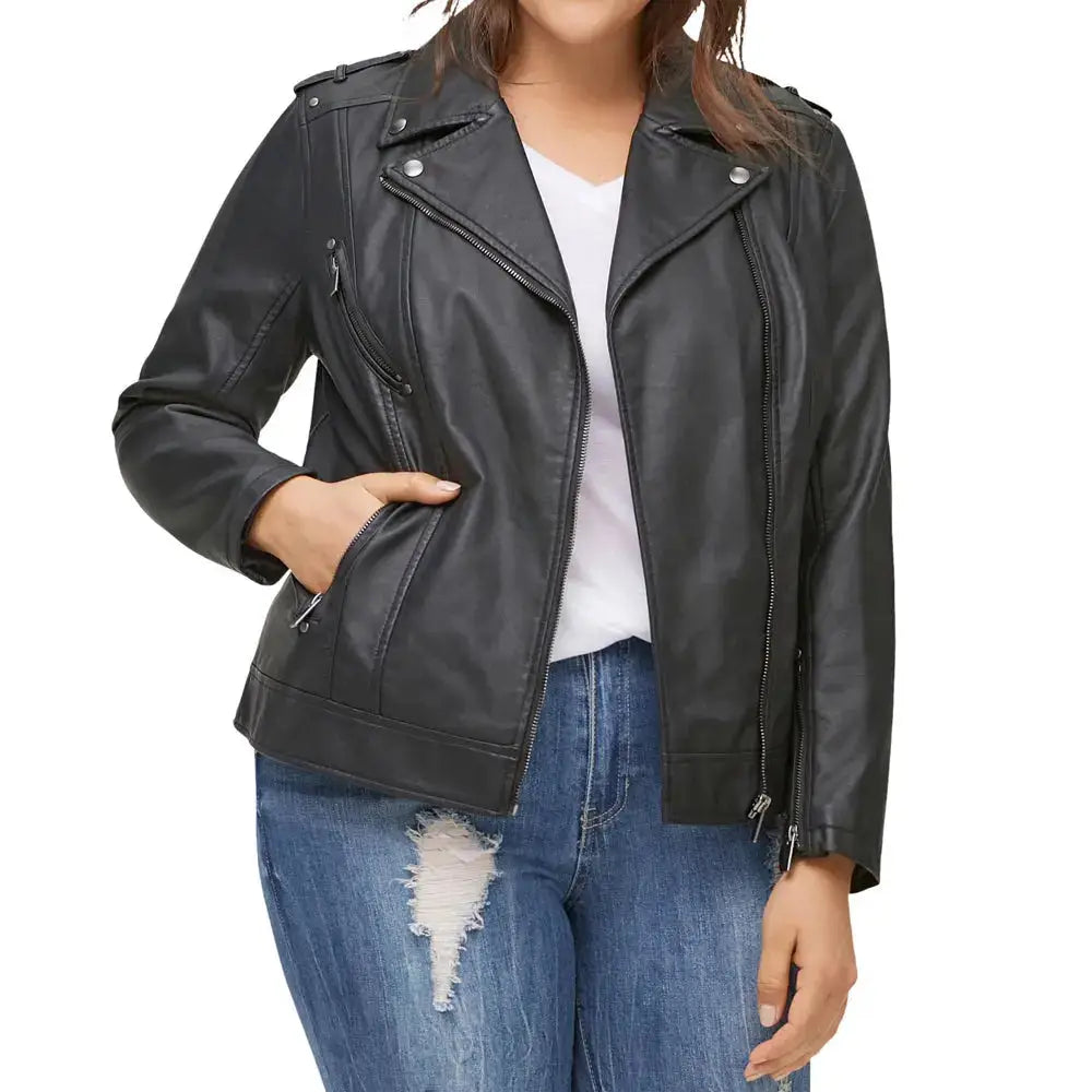 Women’s Plus Size Moto Leather Jacket-0
