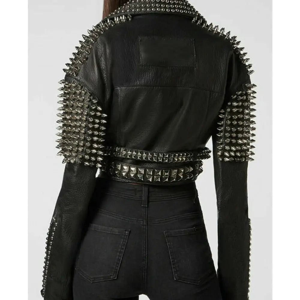 Women’s Silver Studded Short Body Leather Jacket-1