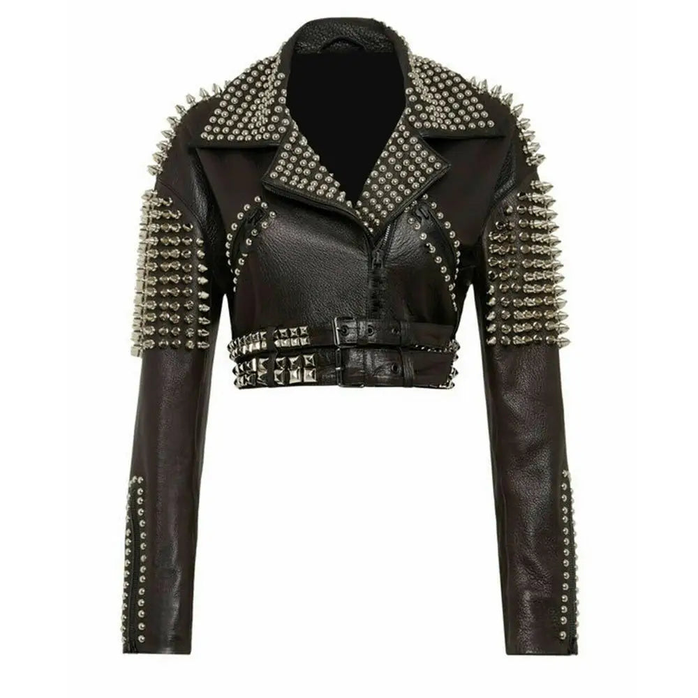 Women’s Silver Studded Short Body Leather Jacket-0