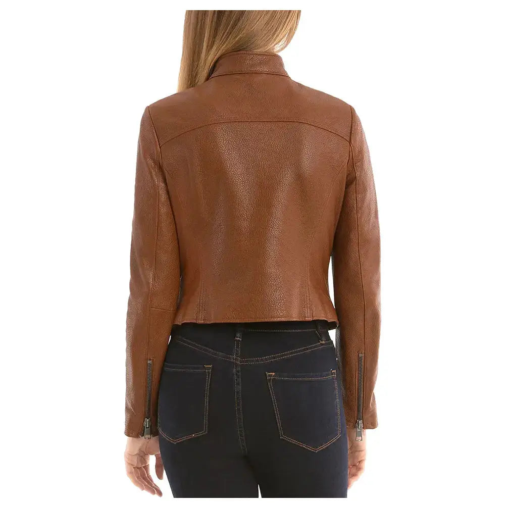 Women’s Slim Fit Fashion Brown Biker Leather Jacket-2