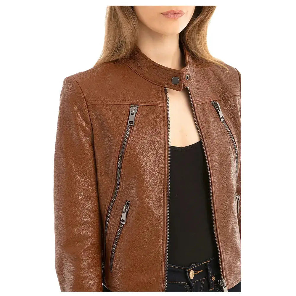 Women’s Slim Fit Fashion Brown Biker Leather Jacket-3