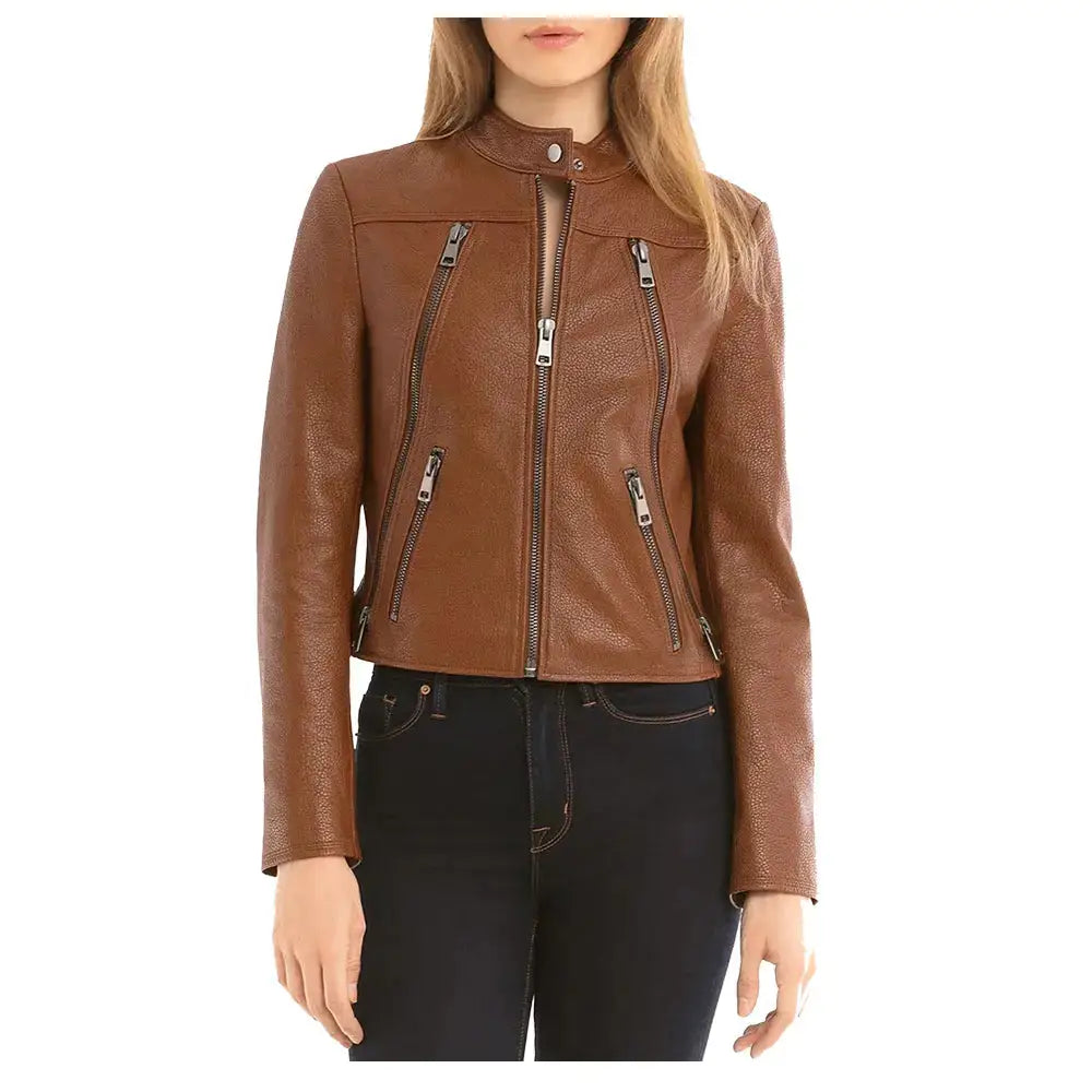 Women’s Slim Fit Fashion Brown Biker Leather Jacket-0