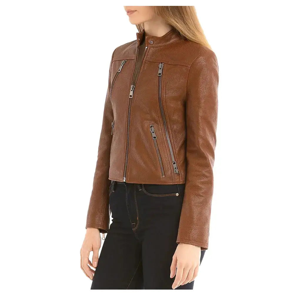 Women’s Slim Fit Fashion Brown Biker Leather Jacket-1