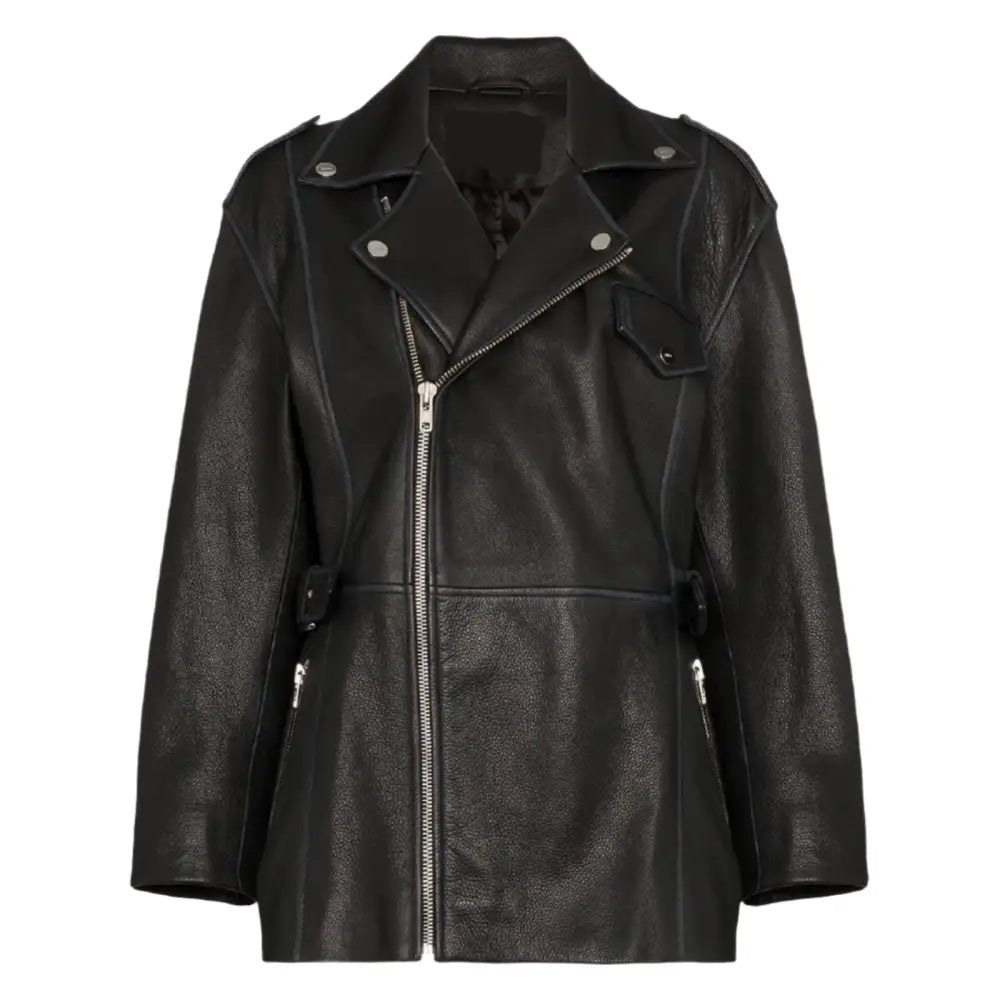 Womens Black Leather Long Jacket-0