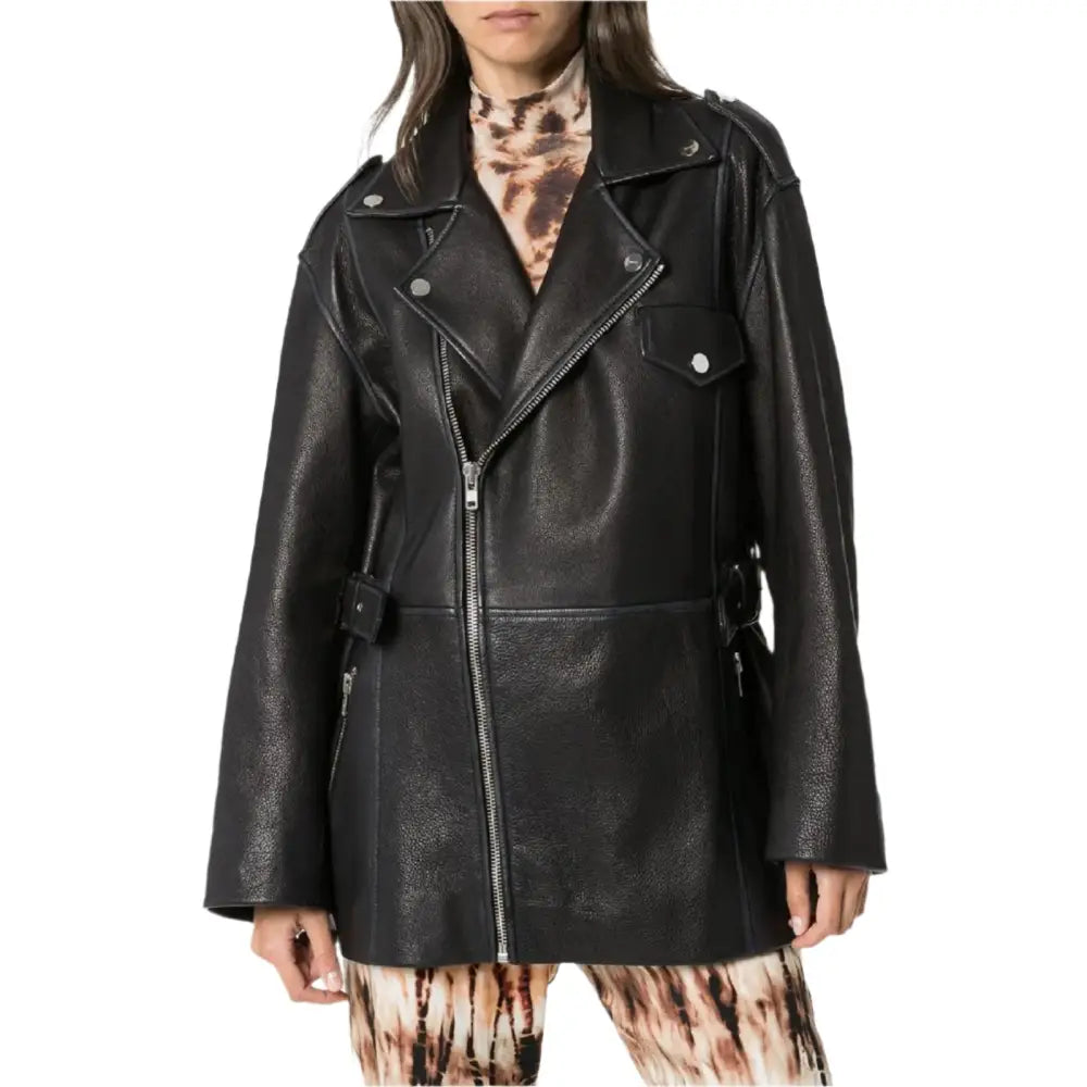 Womens Black Leather Long Jacket-1