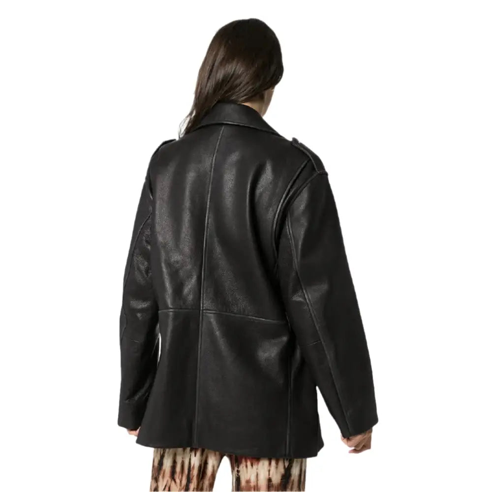 Womens Black Leather Long Jacket-2