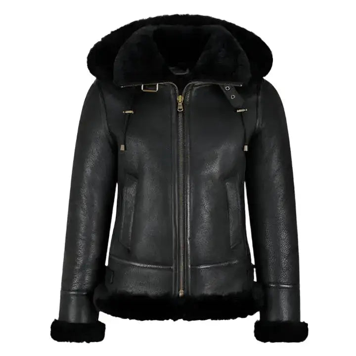 Women’s B3 Bomber Hooded Jacket – Classic Black Shearling Style-0