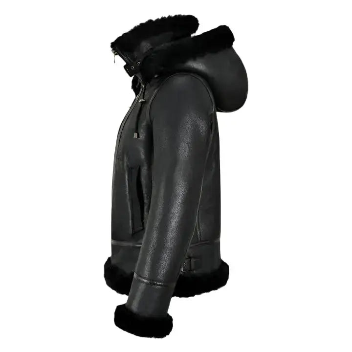 Women’s B3 Bomber Hooded Jacket – Classic Black Shearling Style-1