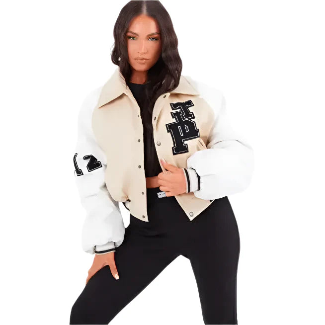 Women’s Beige Varsity Leather Bomber Jacket-1