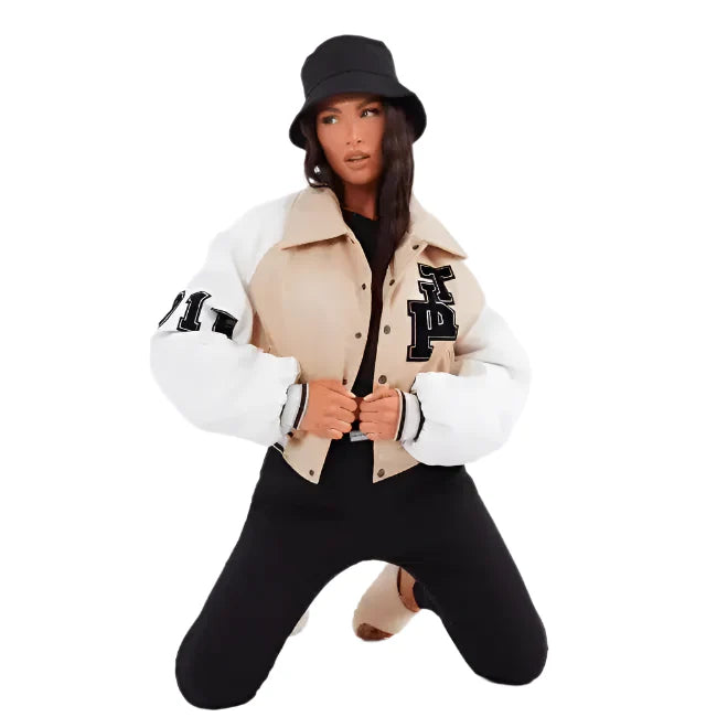 Women’s Beige Varsity Leather Bomber Jacket-0