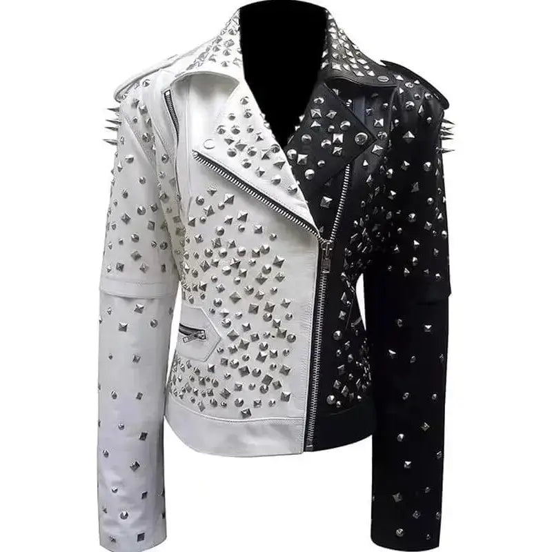 Women’s Black & White Silver Studded Biker Jacket-0
