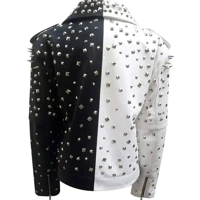 Women’s Black & White Silver Studded Biker Jacket-3