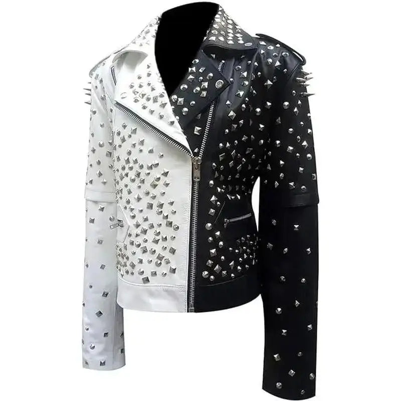 Women’s Black & White Silver Studded Biker Jacket-1