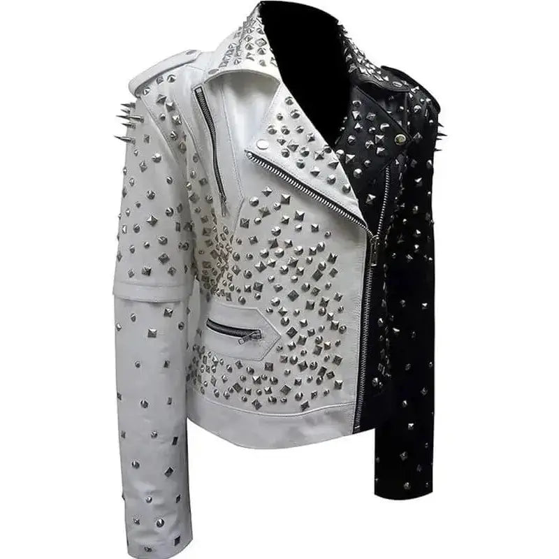 Women’s Black & White Silver Studded Biker Jacket-2