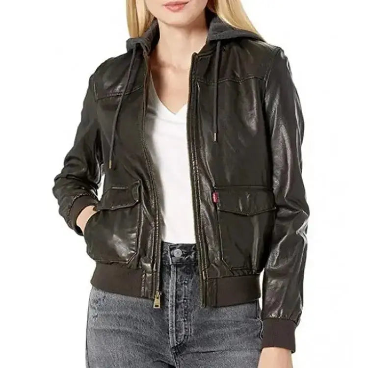 Women’s Black Leather Bomber Jacket with Hood-0