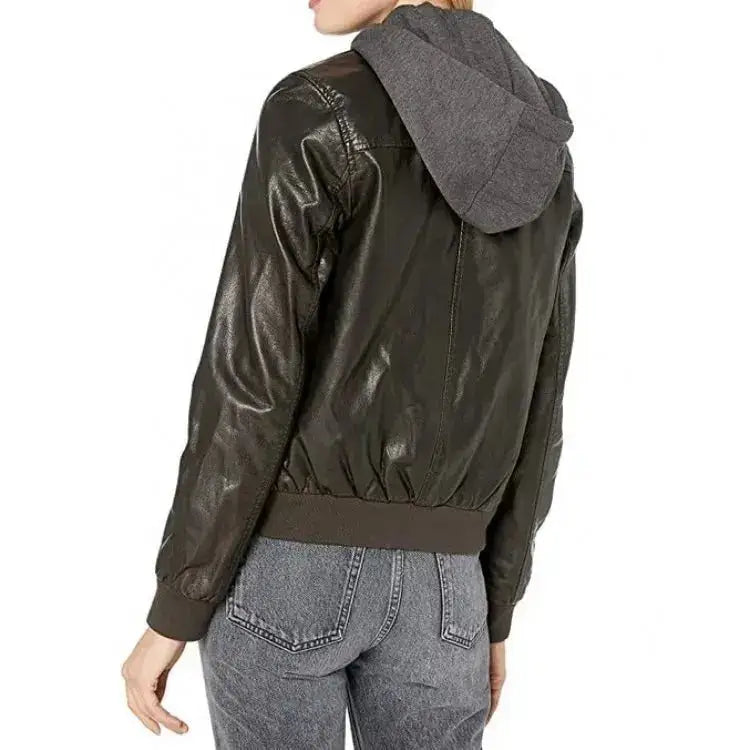 Women’s Black Leather Bomber Jacket with Hood-1