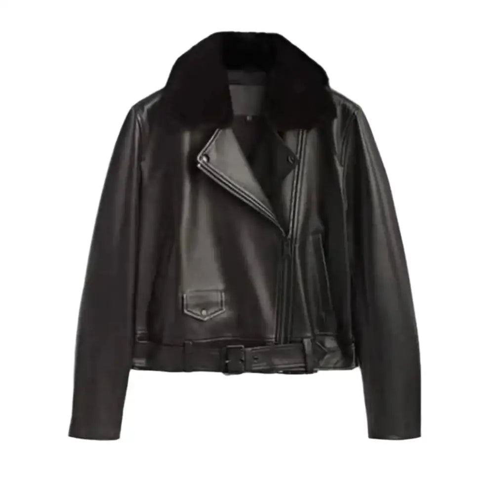 Women’s Black Leather Jacket with Fur Collar-0