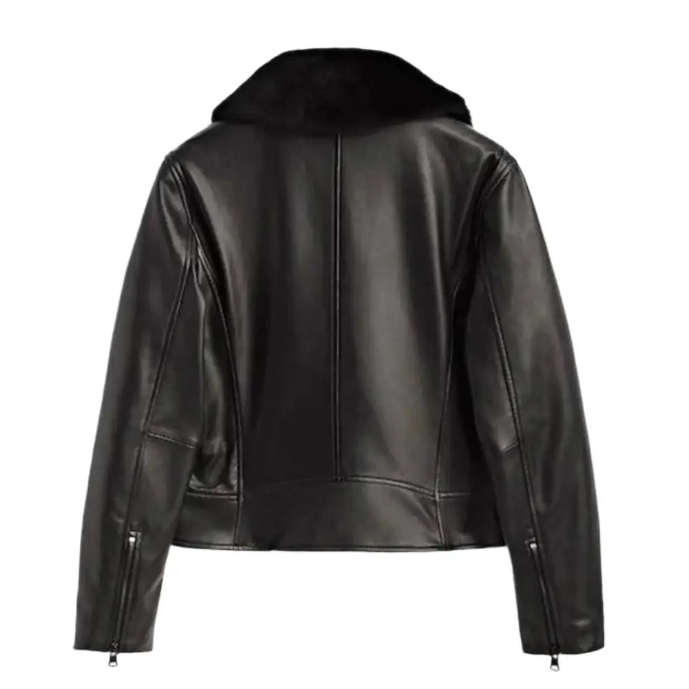 Women’s Black Leather Jacket with Fur Collar-1