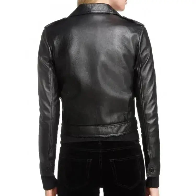 Women’s Black Leather Motorcycle Jacket with Button Front-3