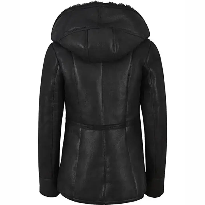 Women’s Black Leather Shearling Fur Jacket with Hood-2