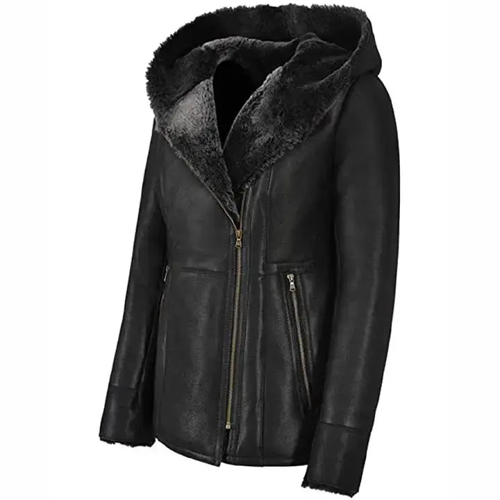 Women’s Black Leather Shearling Fur Jacket with Hood-1